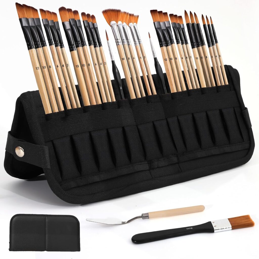 33Pcs Professional Paint Brush Set Flat Filbert Fan Art Brushes