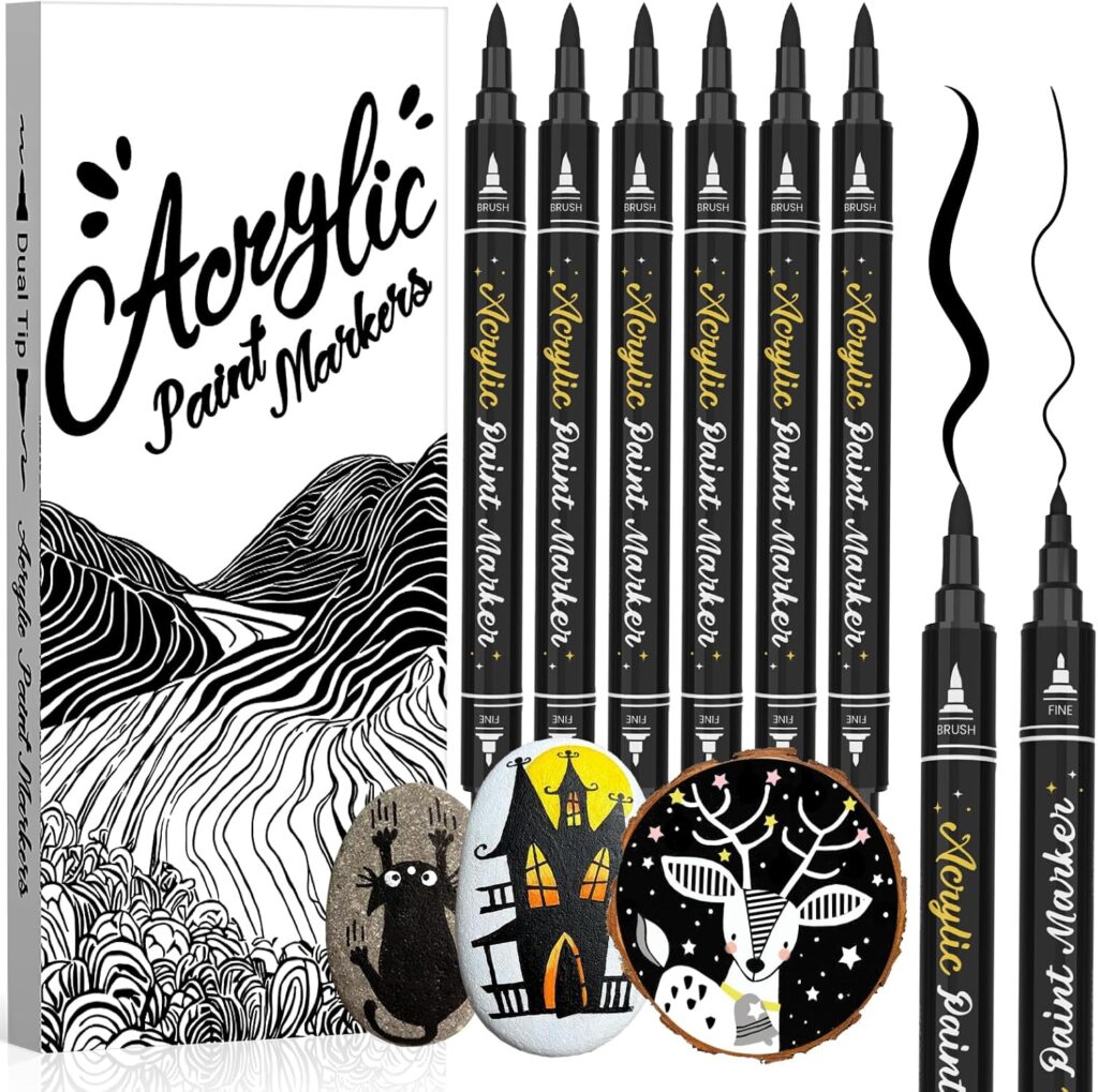 AKARUED 6 Pack Acrylic Black Paint Marker - Dual Tip Acrylic Black Paint Pen (Fine & Brush) Permanent Markers for Rock, Wood, Metal, Coloring Books, Stone, DIY Crafts, and Christmas Decorations