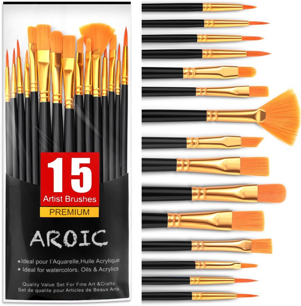 AROIC Acrylic Paint Brush Set,1pack/15pcs Nylon Hair Acrylic Painting Brush