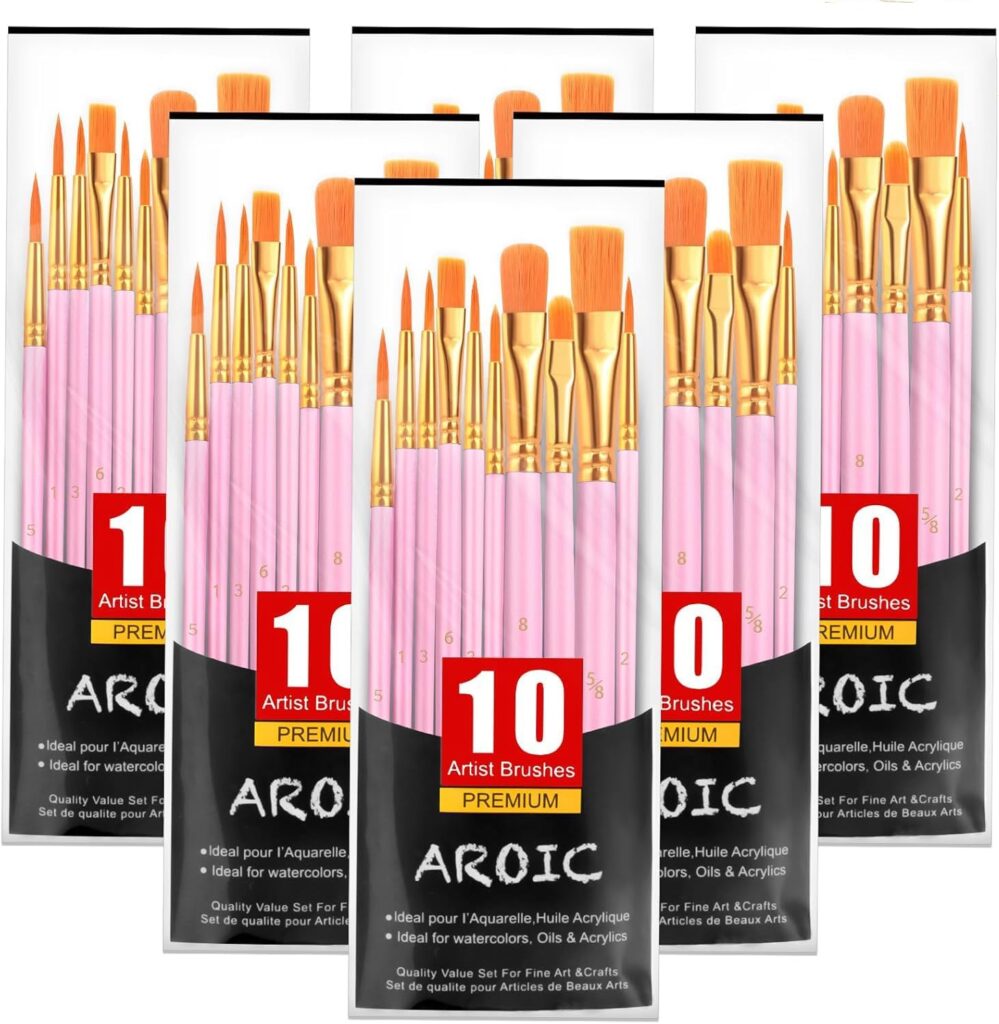 AROIC Acrylic Paint Brushes, 6 Packs/60 pcs Nylon Hair Paint Brush Set