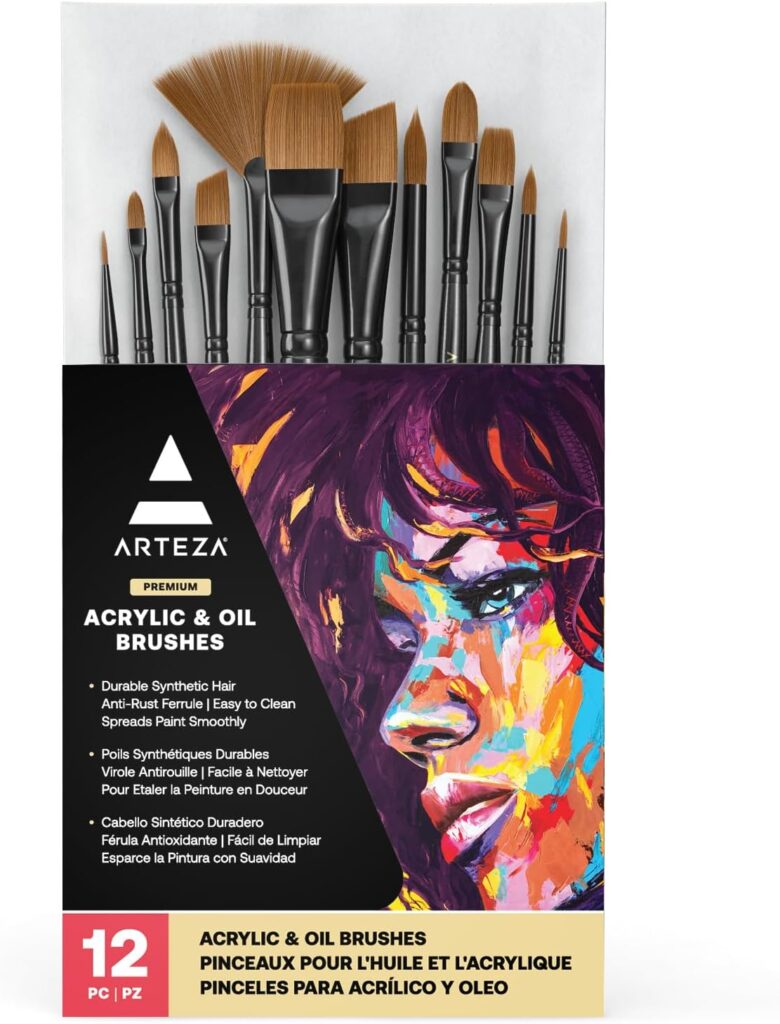 ARTEZA Acrylic and Oil Paint Brushes, Set of 12, Synthetic Hair