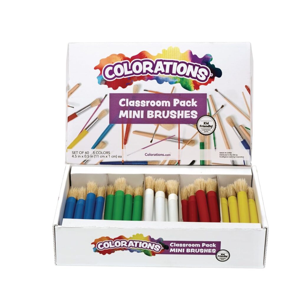 Colorations Mini Paint Brushes, Set of 60, Natural Bristle, Painting, Paint Brushes for Children , Art Supplies, Classroom Supplies, Posters, Kids Paint Brushes
