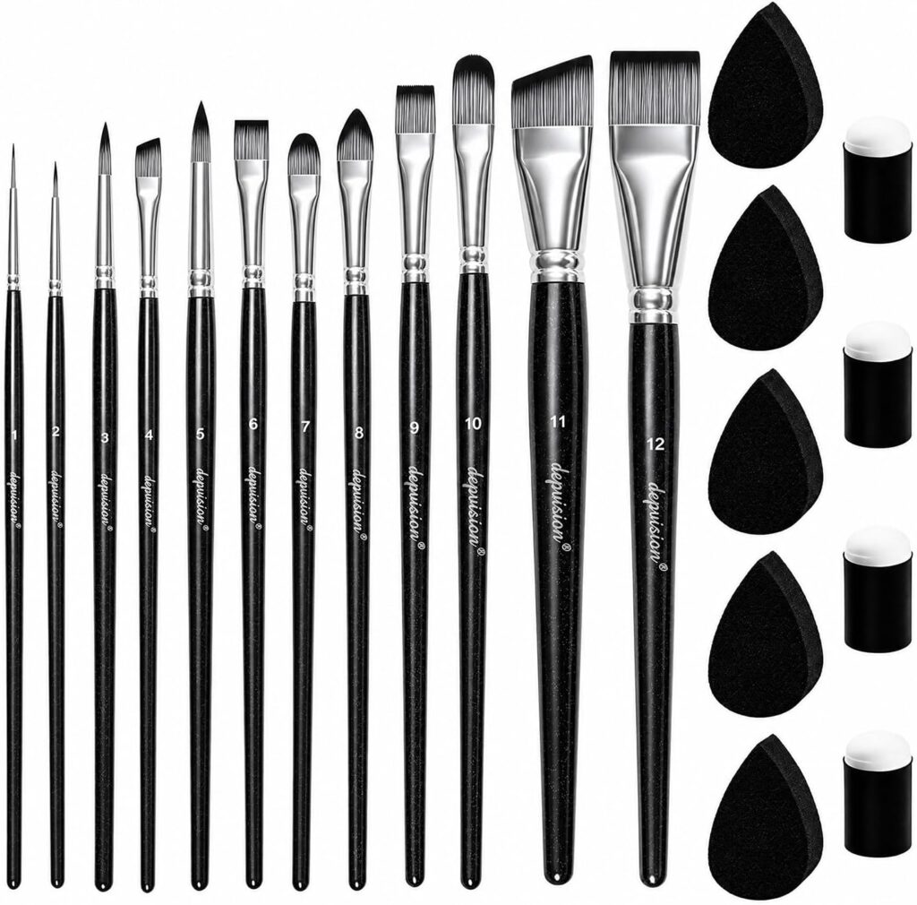 Depvision Face Paint Brushes Set 12 Pcs Face Painting Brushes and Sponges Set Professional Paint Brushes for Body Art Painting Acrylic Oil Watercolor Artist Paintbrush for Halloween Cosplay with Case