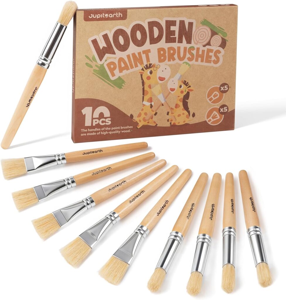 JUPITEARTH Natural Wood Handle Paint Brushes for Kids, 10-Pack