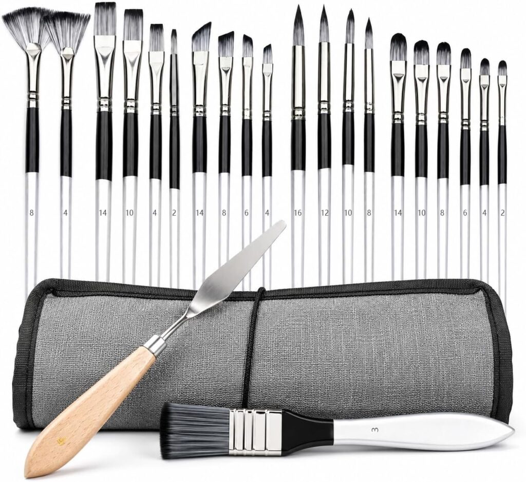 JYN‑ANREN 24Pcs Paint Brush Set, Professional 9 Shapes: Wide Flat, Filbert, Fan, Dagger, Cat Tongue, Round etc, for Acrylic, Oil, Watercolor, Includes Palette Knife & Waterproof Canvas Roll