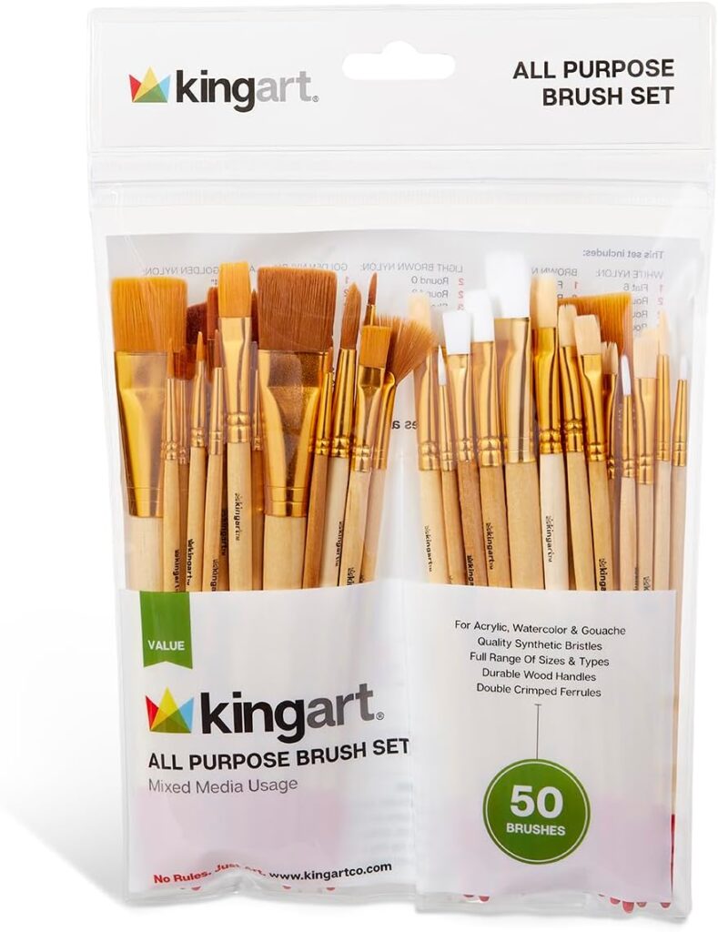 KINGART 50-Piece Paint Brush Set, Acrylic, Oil, Watercolor Gouache Paints, Face & Nail, Miniature Detailing & Rock Painting