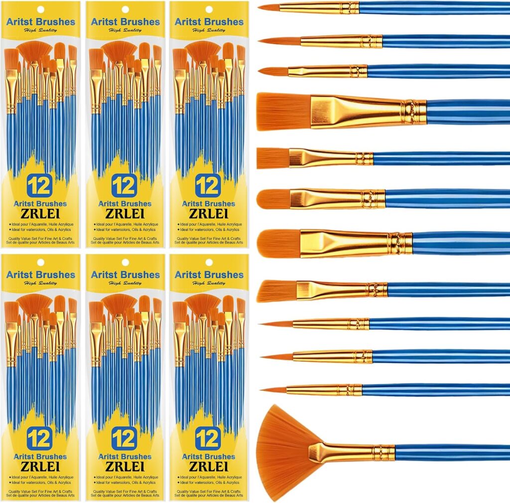 Paint Brushes Set, 6 Pack 72 Pcs Round Pointed Tip Artist Paintbrushes for Acrylic Painting Oil Watercolor Oil Watercolor & Miniature Painting, Suitable for Kids & Adults，Blue