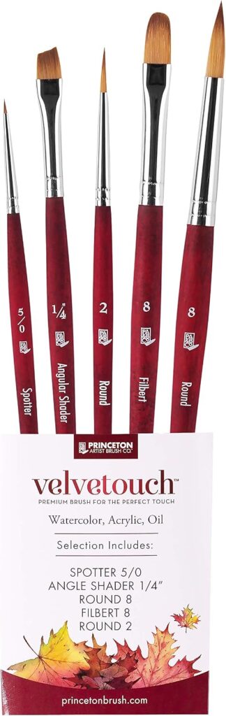 Princeton Velvetouch Series 3950 - 5pc Professional Paint Brushes for Acrylic Painting - Oil, Watercolor & Acrylic Paint Brushes Set - Spotter 5/0, Angle Shader ¼”, Round 8, Filbert 8, Round 2 | 4pc Watercolor Brushes Professional Soft Synthetic Squirrel Hair, 1pc Aquarelle 3/4" & 3 Round Brushes (Sizes 2, 6, 10)