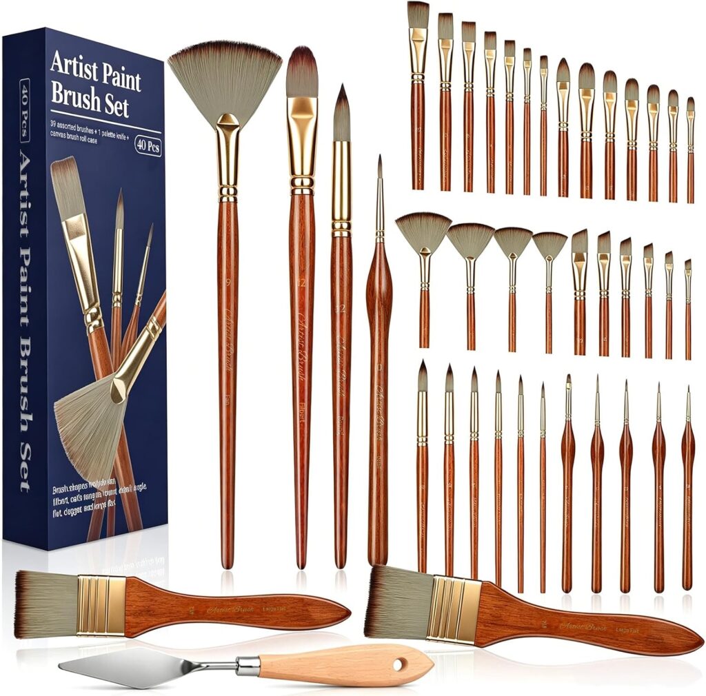 SAKEYR 40PCS Paint Brushes Set, Professional Artist Paint Brushes with Multiple Shapes & Sizes, Synthetic Nylon Bristles for Acrylic, Watercolor,Gouache & Oil Painting with Canvas Roll & Palette Knife