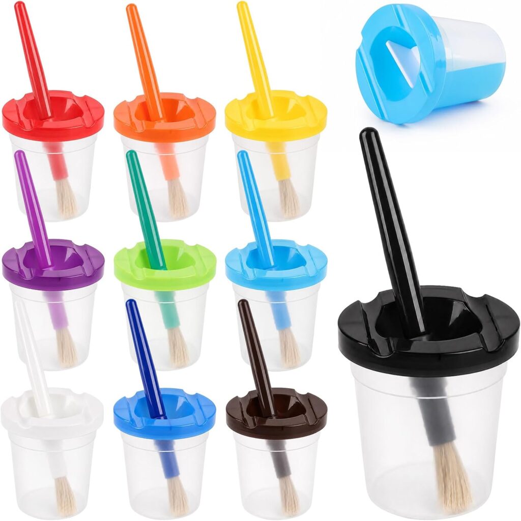 10 PCS No Spill Paint Cups with Colored Lids and Brushes for Kids