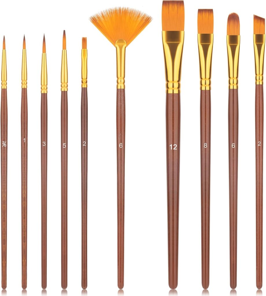 10Pcs Paint Brushes for Acrylic, Watercolor & Gouache Painting, Artists & Beginners