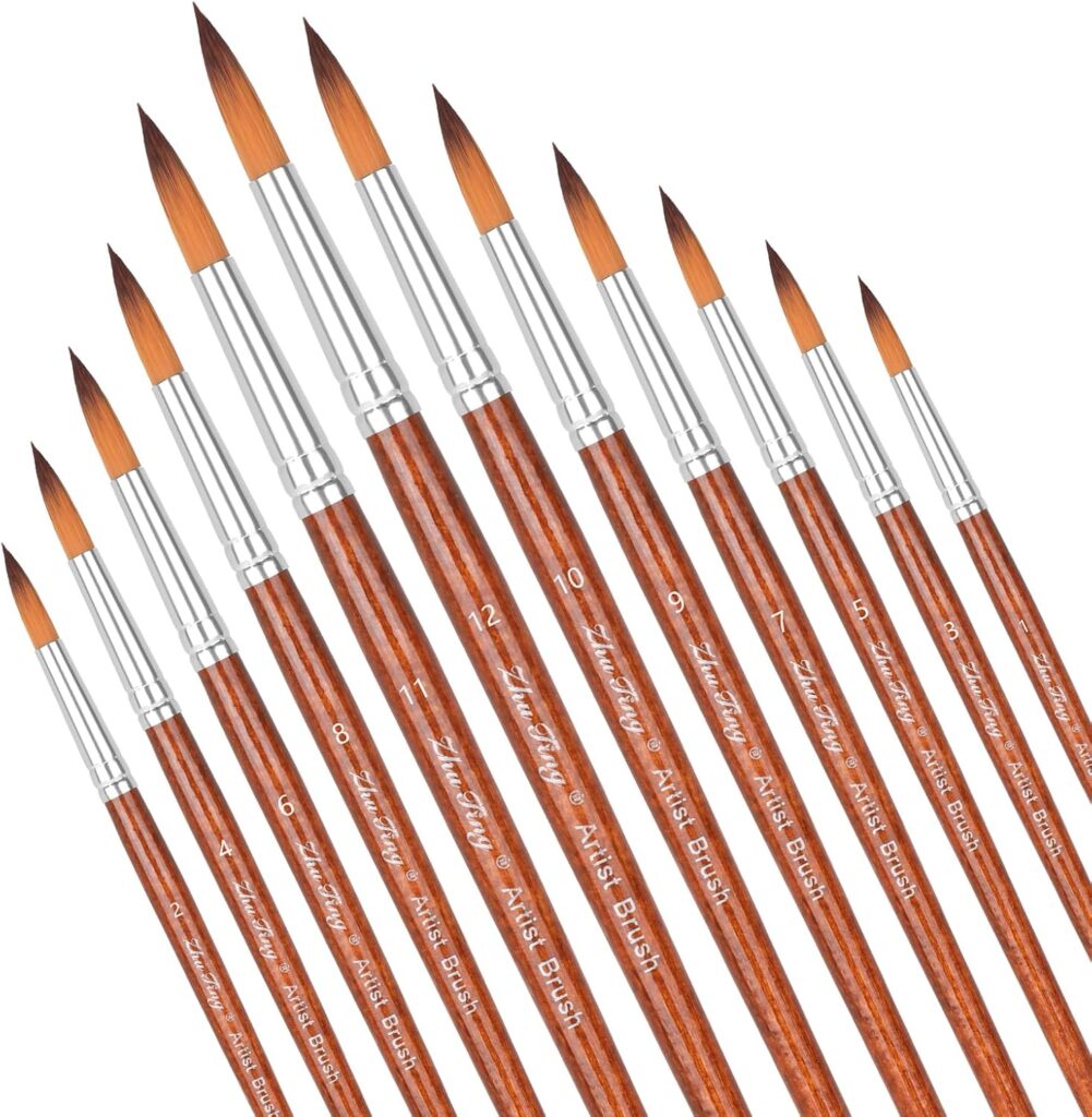 12pcs Round Watercolor Brushes for Acrylic Painting Round Pointed Paint Brushes Round Tipped Face Paint Brush Professional Oil Paintbrushes for Body Rock Miniature Model Artist Painting