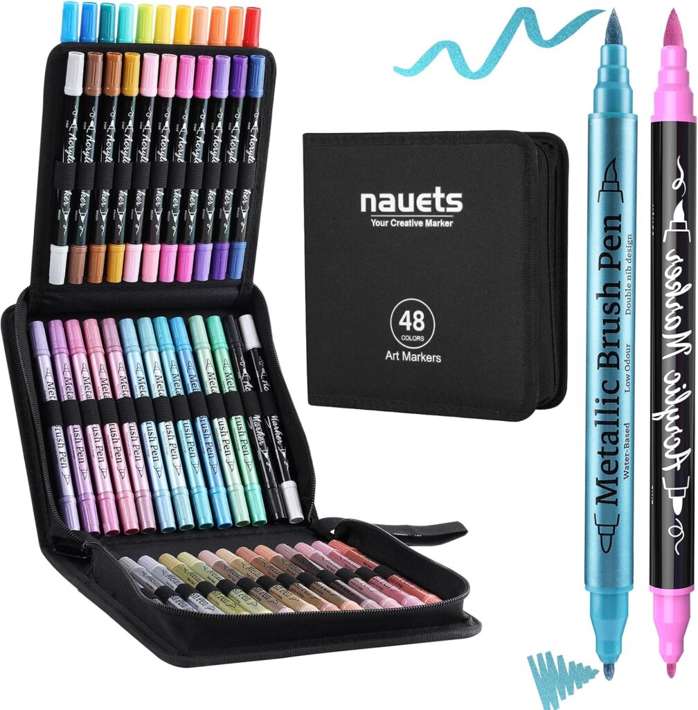 24 Metallic & 24 Acrylic Paint Markers Pens - Brush & Fine Dual Tip 48 Pack