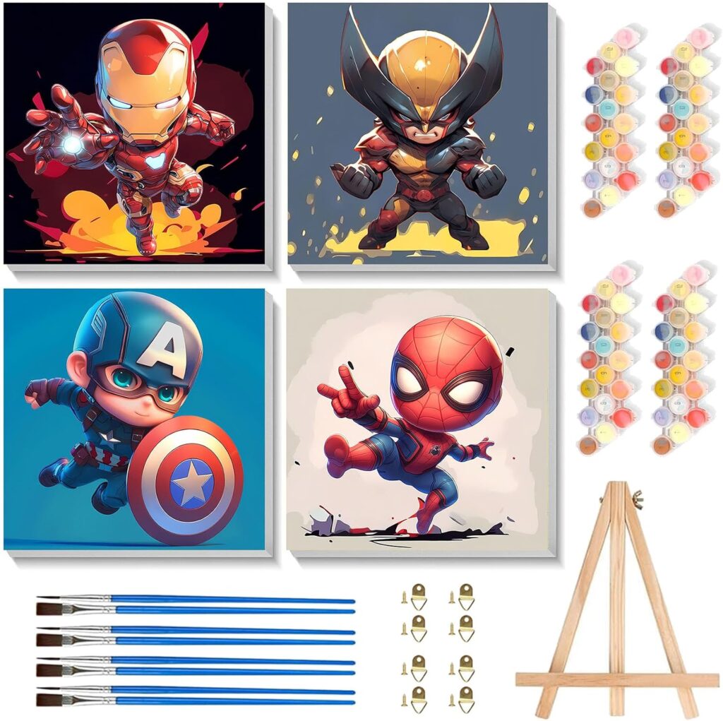4 Pack Cartoon Paint by Numbers for Kids with Framed Canvas - Wooden Easel