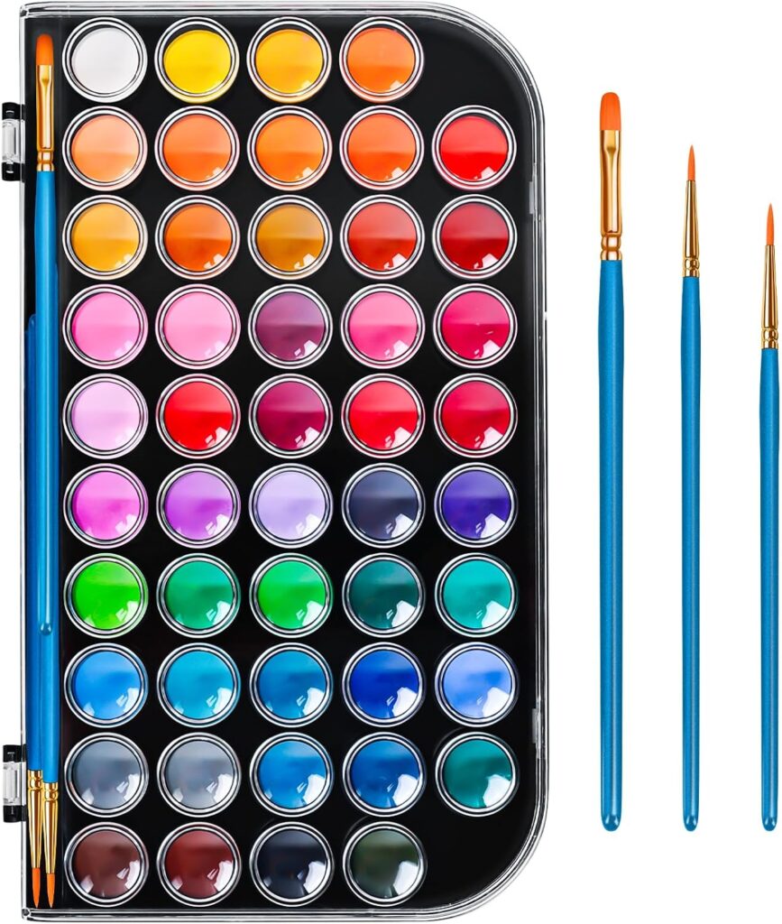 48 Color Solid Watercolor Paint Set with 3 Wooden Brushes for Adults Kids