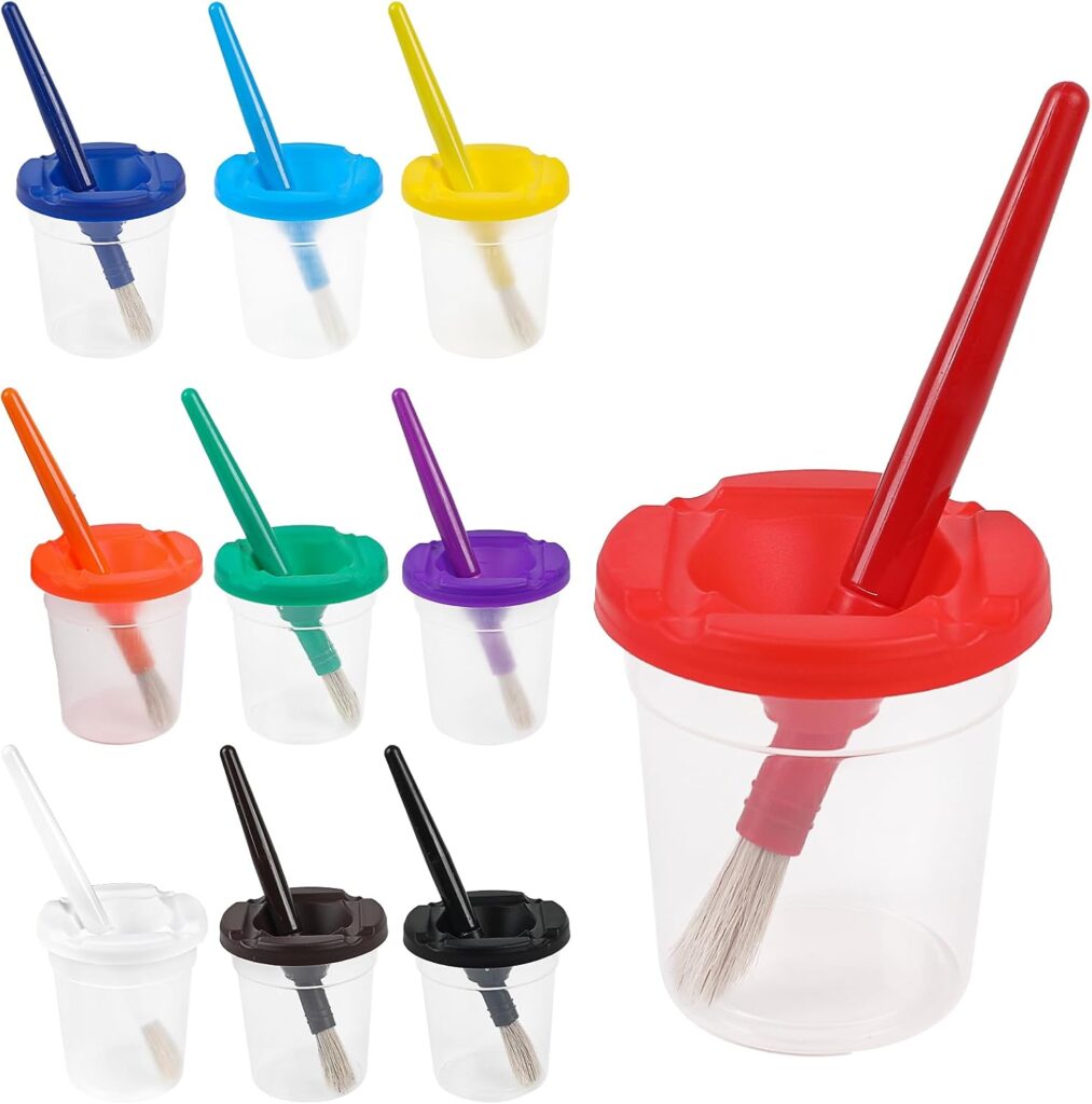 DIYASY No Spill Paint Cups with Lids, 10 Pcs Spill Proof Painting Containers and 10 Round Paint Brushes Kids Art Craft Class Home Supplies 10 Colors