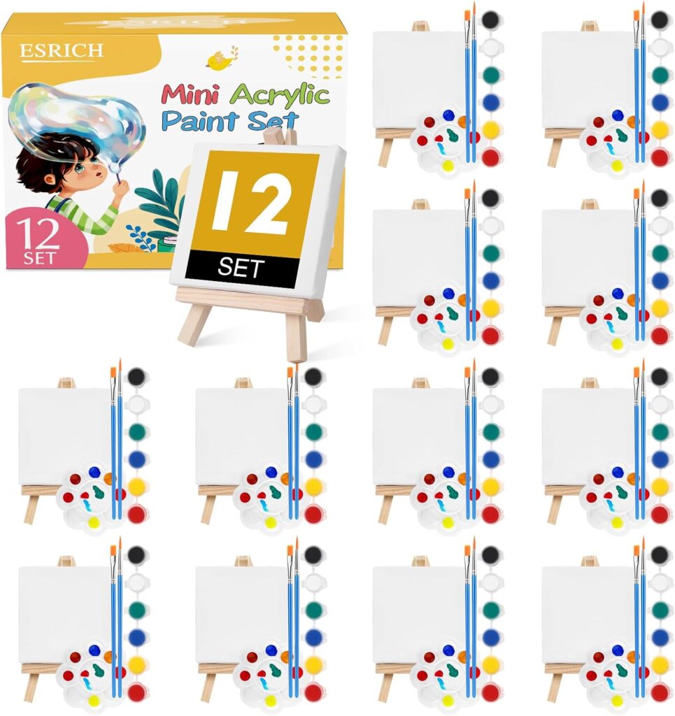 ESRICH 12 Set Mini Acrylic Paint Kit, Mini Stretched Canvas with Easel