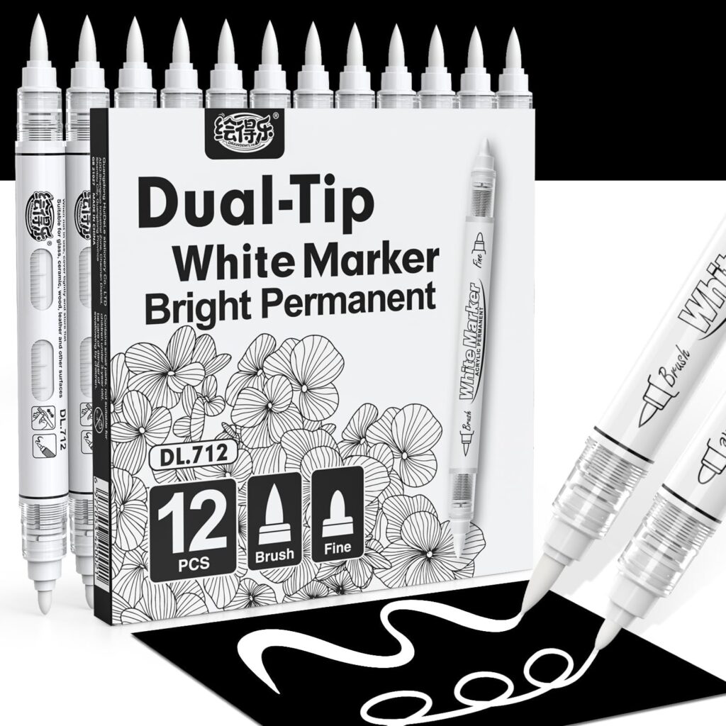 Guangna Dual Tip White Acrylic Paint Markers, Brush & Fine Tip, Direct Liquid Ink System White Permanent Pens for Fabric, Plastic, Rock Painting, Wood, Glass, Ceramic, Canvas, Stone, DIY Crafts
