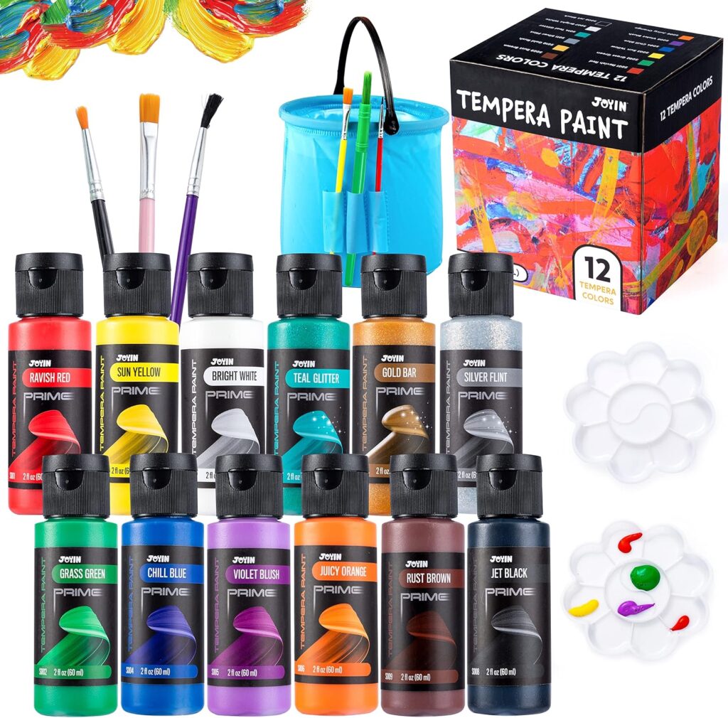 JOYIN Washable Tempera Paint Set for Kids 12PCS, Non Toxic Liquid Paint with 6 Brushes and 2 Palettes - Art Supply for Kids for Arts and Crafts Project, Finger Painting (2 oz Each), Easter Basket Stuffers