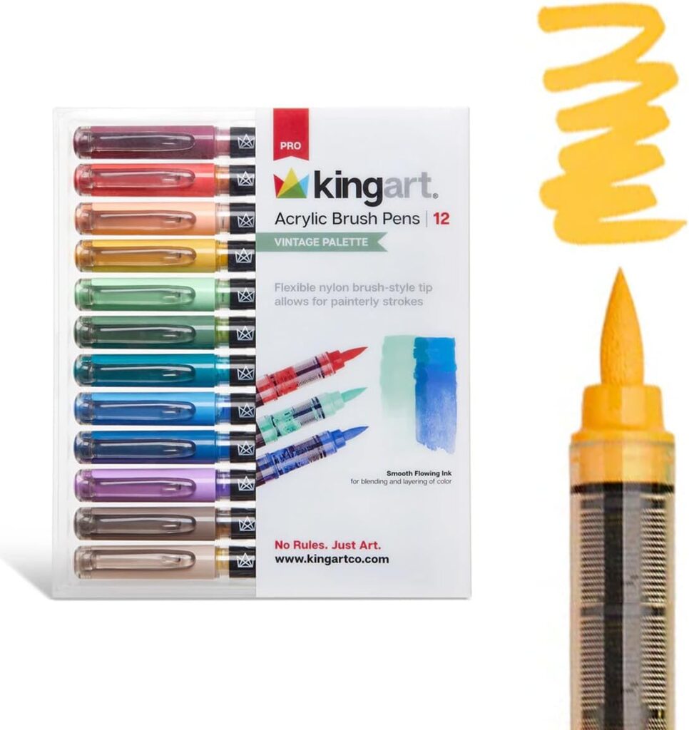 KINGART Acrylic Paint Markers Brush Tip, 12 Vintage Colors. Water-based, no-bleed, waterproof pens with automatic ink control for rock, egg, wood, fabric, glass & DIY crafts