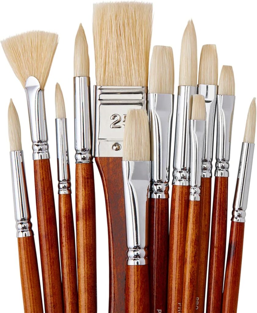 KINGART® PRO Long Handle Natural Hog Bristle Brushes, Oil & Acrylic Painting, Storage Case, Set of 12