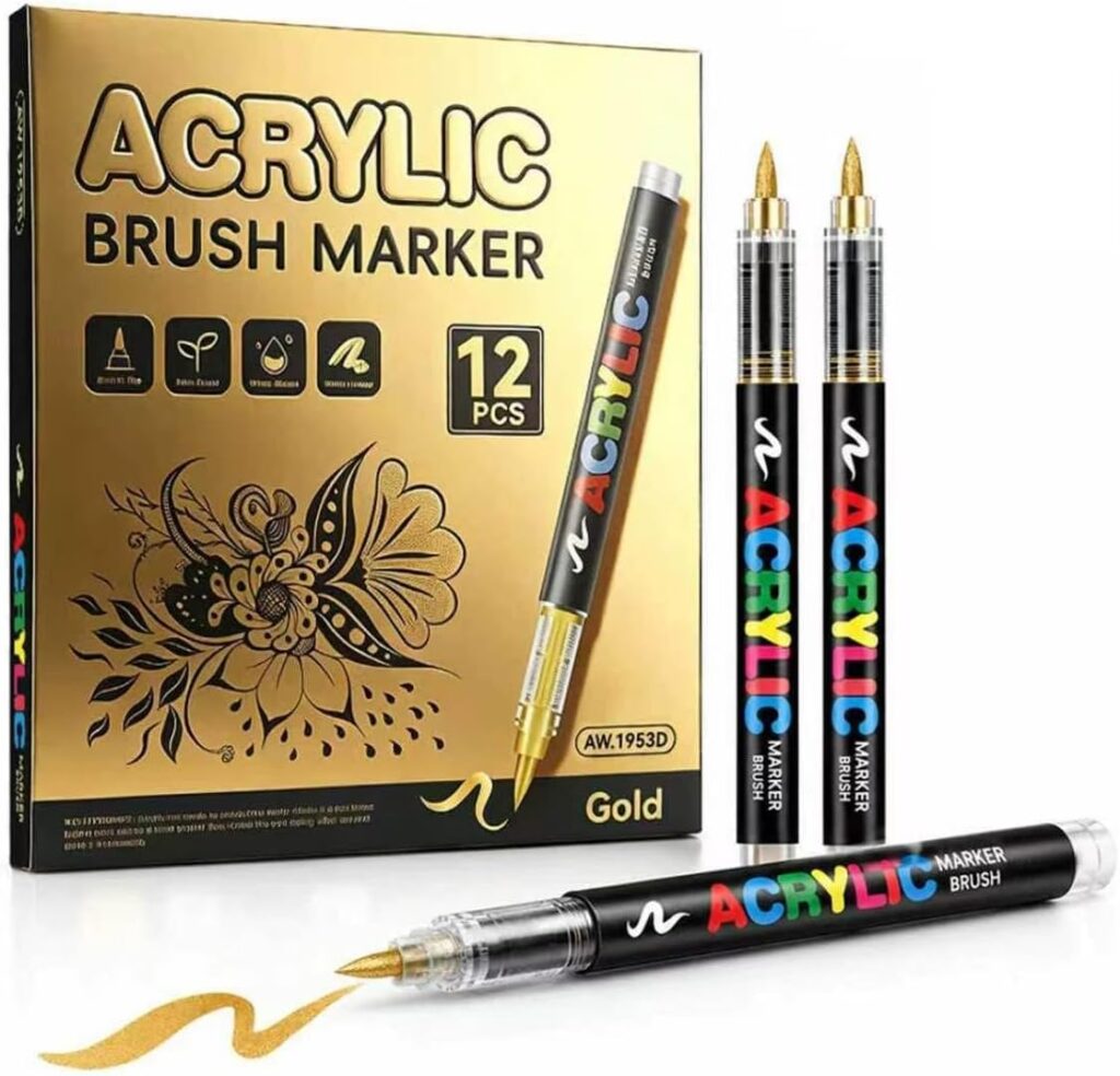 Metallic Acrylic Paint Brush Markers, 12Pcs Set Soft Flexible Brush Tip Metallic Paint Pens, Pigment Marker for Rock Painting, Glass,Ceramic, Card Making, DIY Crafts & Art Supplies (Gold Set)