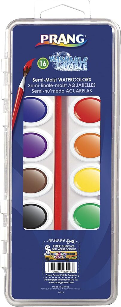 Prang Washable Semi-Moist Watercolors Oval Pan Set with Size 6 Paintbrush, Non-Refillable, 16 Assorted Colors, Pack of 1