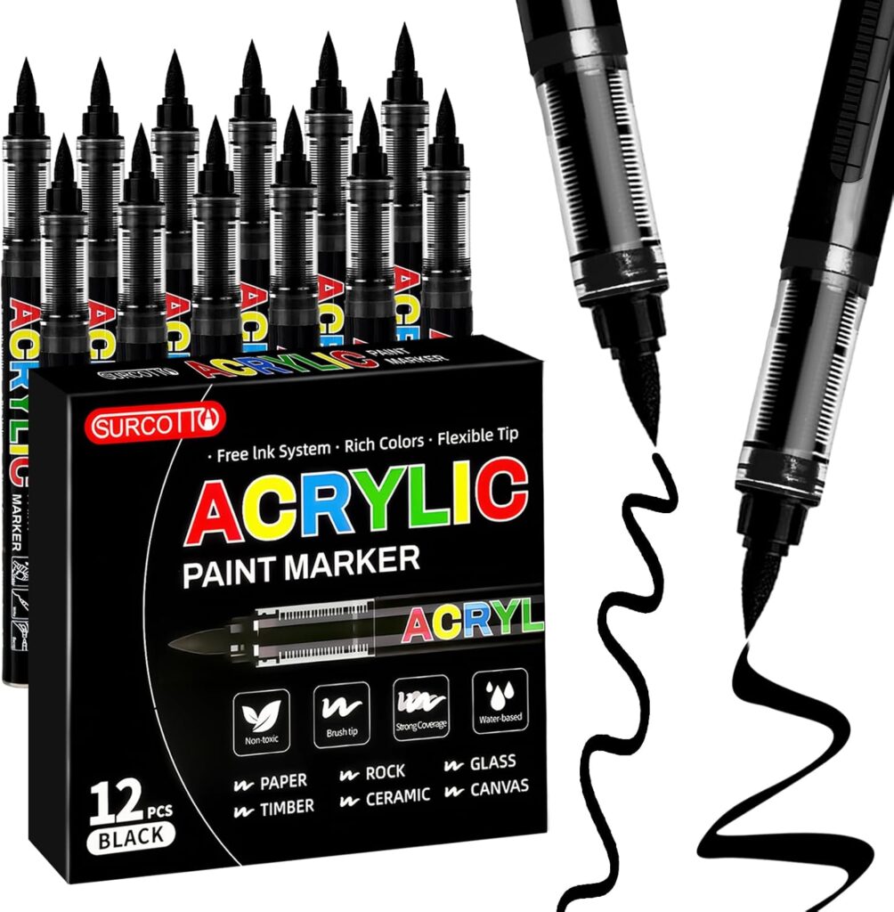 Surcotto 12 PCs Black Acrylic Paint Markers, Soft Brush Tip Pens and Markers, Acrylic Paint Pens for Wood, Stone, Canvas, Glass, Fabric, Egg, Rock Painting and DIY Crafts Art Supplies
