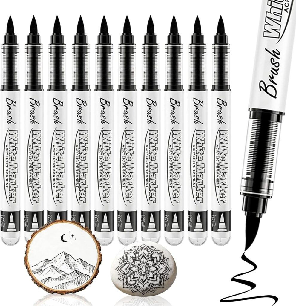 Surcotto Black Acrylic Paint Markers, Soft Brush Tip Pens and Markers, Acrylic Paint Pens for Wood, Stone, Canvas, Glass, Fabric, Egg, Rock Painting and DIY Crafts Art Supplies,10 Pack