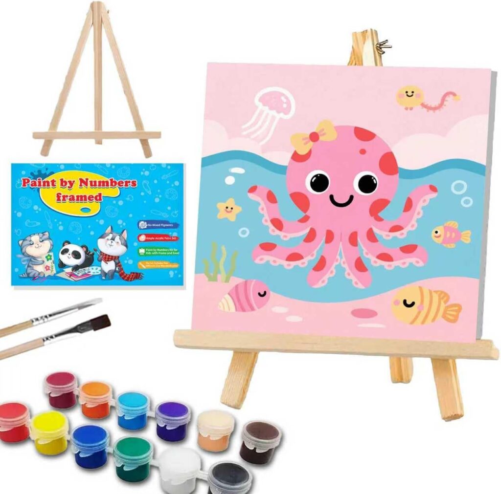 WEMEON Octopus Paint by Numbers Kit for Kids with Frame and Easel, Easy Paint by Numbers Kits for Kids Ages 4-6, Small Painting by Number for Birthday Gift, Painting Party(10X10inch)