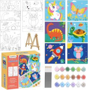 goldentime 6 Pack 8x8inch Paint by Numbers Kit for Kids, Predrawn Canvas for Painting with Unicorn, Butterfly & More, Includes 18 Acrylic Paints, 6 Brushes & Easels, Easy Art Supplies for Kids 4-8-12