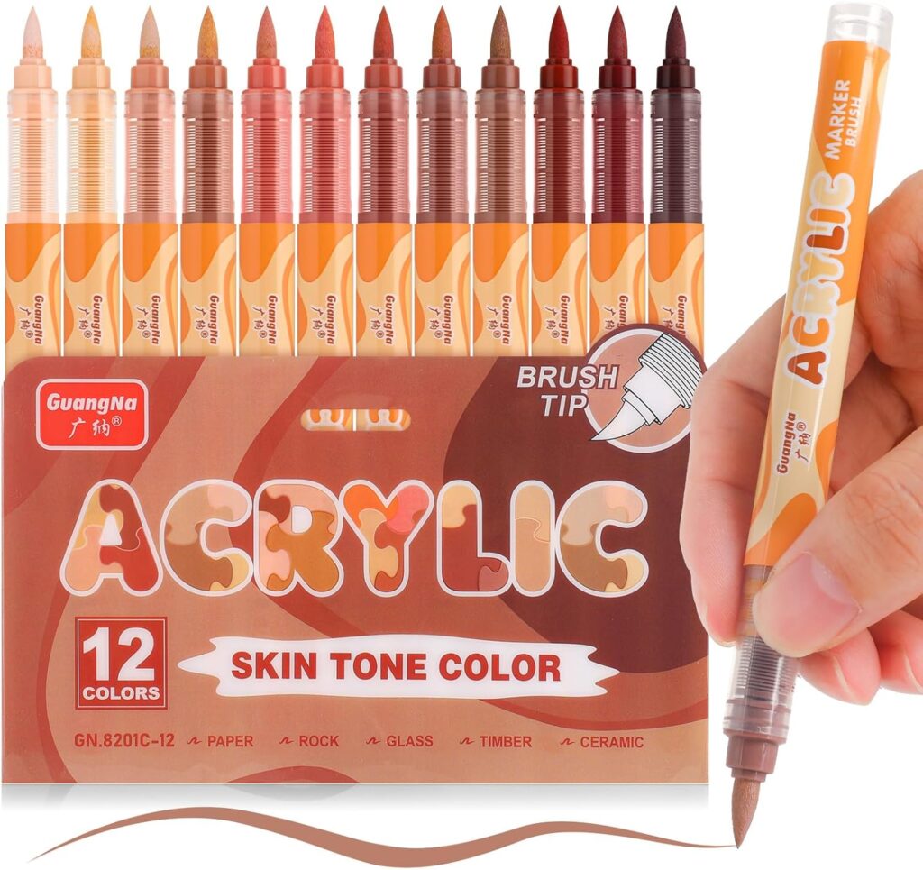 kander Guangna Acrylic Paint Markers 12 Colors, Skin Tone Series Set with Soft Brush Tip Water Based, Fine Tip Markers for Wood, Canvas, Rock Painting, Glass, Diy Crafts, Fabric Paint